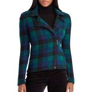 NWT Chaps Womens Navy/Green Plaid Asymmetrical Zip Sweater Cardigan Size-Small